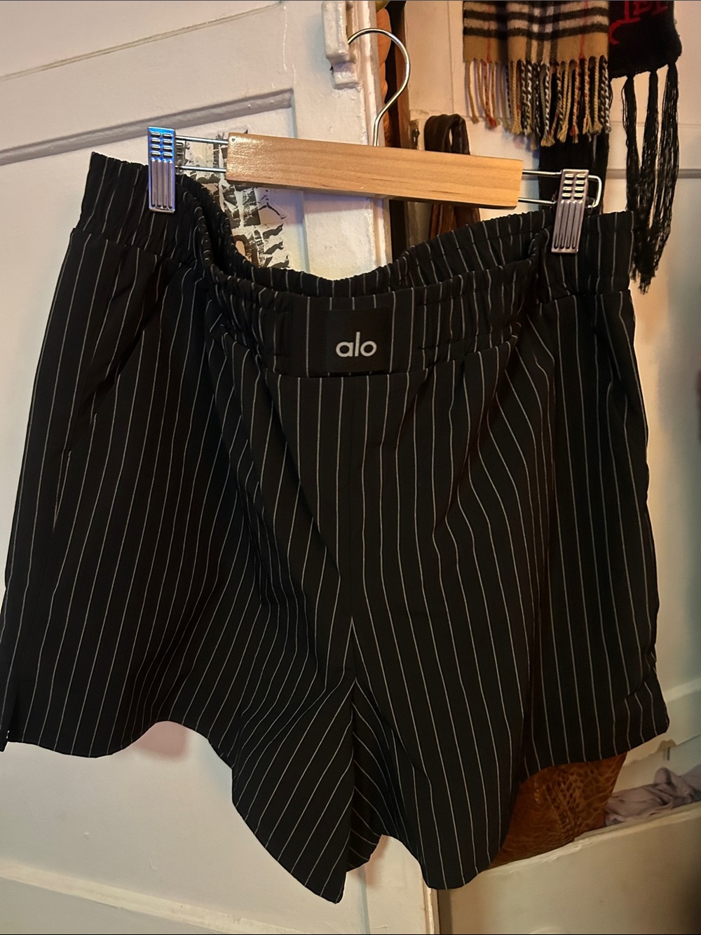 ALO Yoga Black Pinstripe Daylight Elastic-Waist Shorts